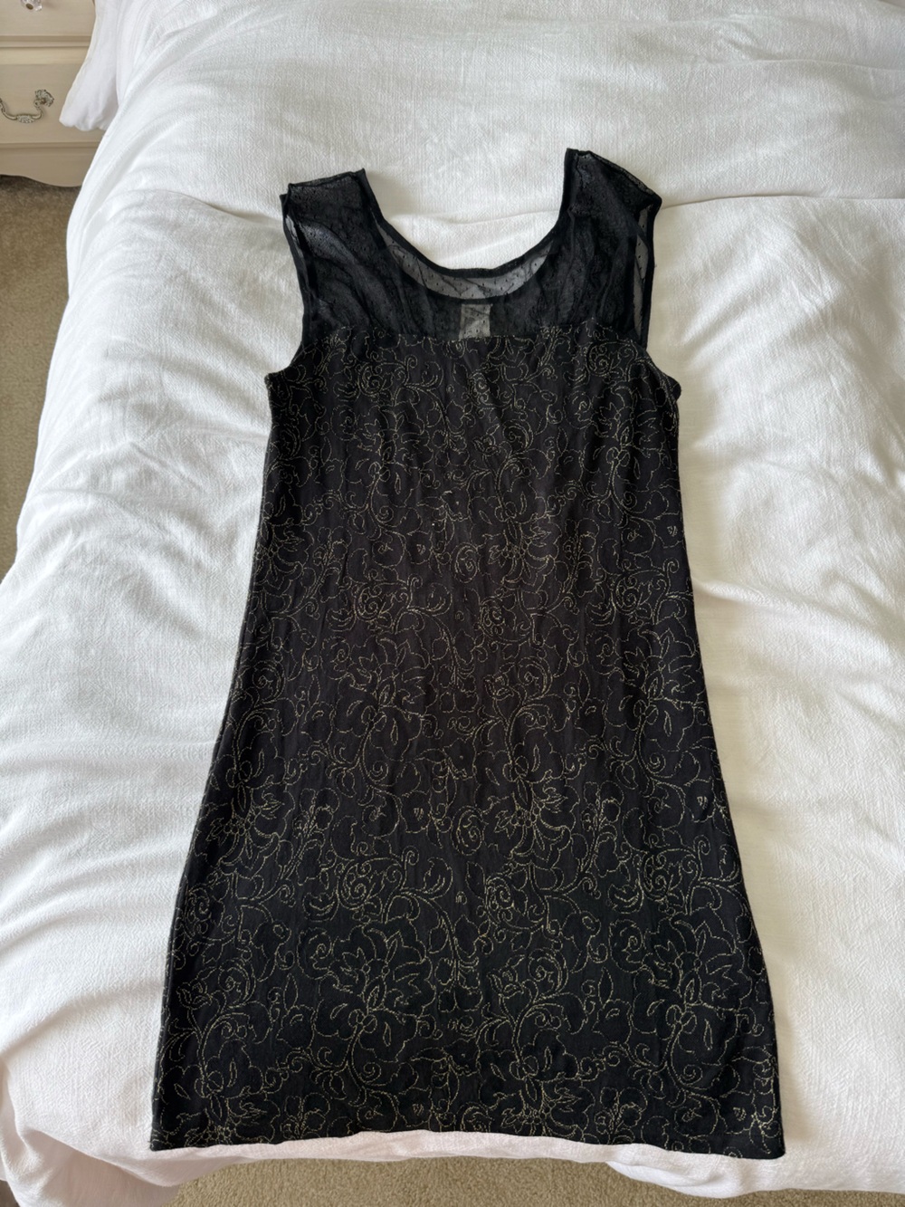 Vintage Free People Black Sheer Top with Gold Floral Threading Size Large